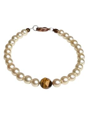 Hand Crafted Pearl and Tiger Eye Beaded Bracelet Copper Clasp Size 6.5 NEW